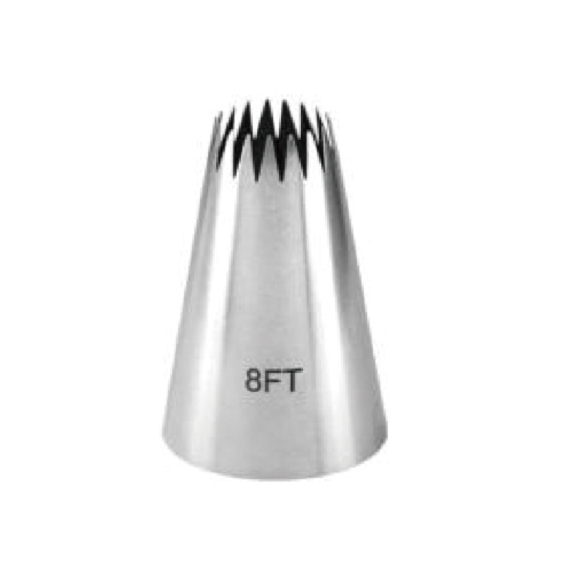 A metallic piping nozzle with a tapered shape, featuring a serrated edge at the top. The number "8FT" is printed on the side of the nozzle.