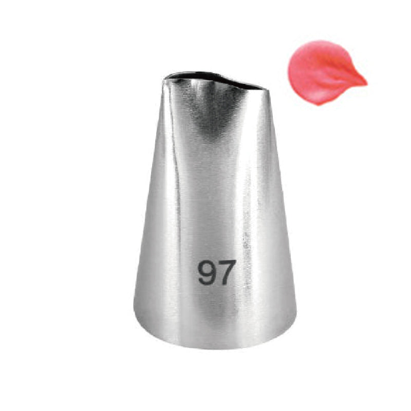 A metal piping nozzle labeled "97" stands upright, showing a tapered design. Beside it is a small, pink frosting decoration resembling a petal. The nozzle&