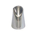 A metal piping nozzle with a conical shape, featuring a rounded opening at the top and a wider base. The nozzle has a shiny, reflective surface and is designed for decorating cakes and pastries.