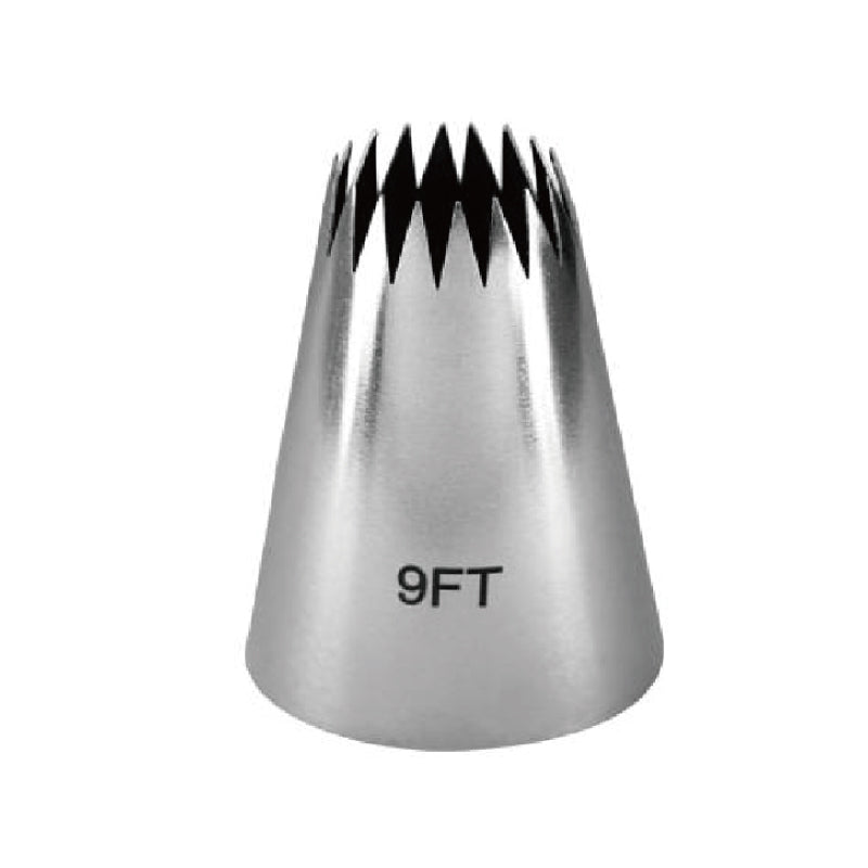 A stainless steel piping nozzle with a conical shape, featuring jagged edges at the top for decorative icing. The nozzle is labeled with "9FT" printed on its side.