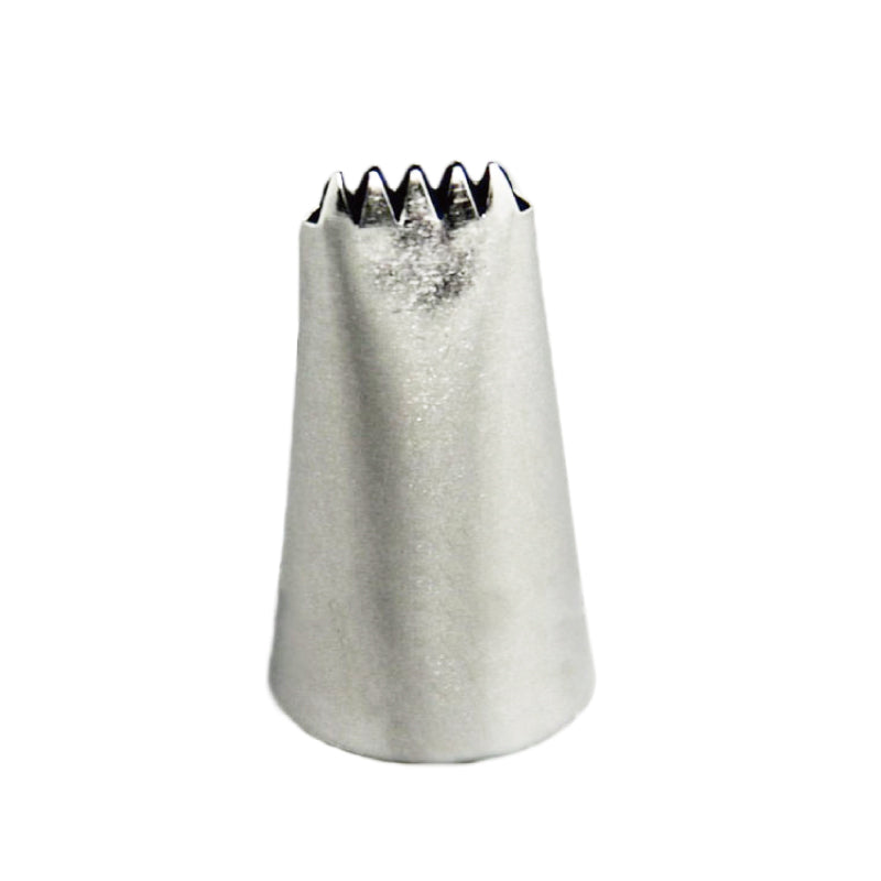 A stainless steel piping nozzle, shaped like a tapered cone. The top features jagged edges, indicating a decorative design for icing or piping. The nozzle has a smooth metallic surface.