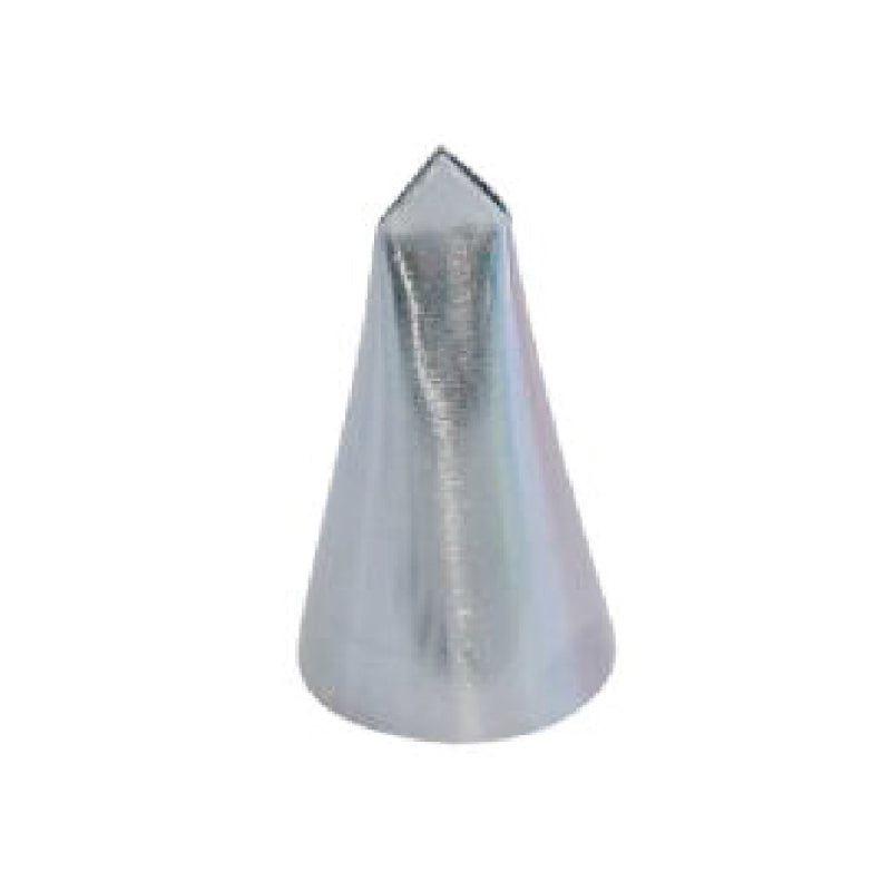 A metallic piping nozzle with a conical shape and a pointed tip. The surface is shiny and reflective, indicating a high-quality material suitable for decorating baked goods.