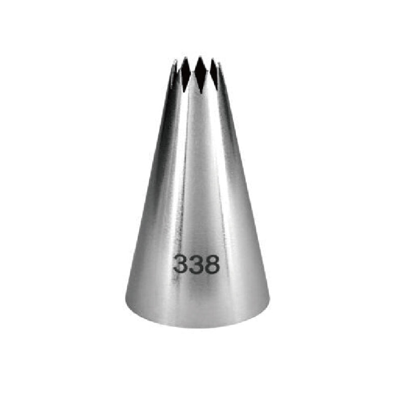 An image of a metallic piping nozzle with a cone shape, featuring a pointed tip and several star-shaped openings at the top. The nozzle is marked with the number "338" on its side. It is designed for decorating baked goods.