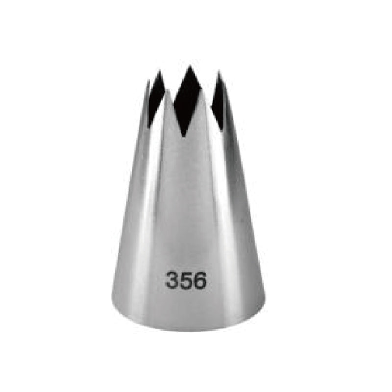 A stainless steel piping nozzle with a conical shape and serrated edge. The nozzle has a prominent engraving of the number "356" on its side, indicating its size or model. The top features multiple pointed openings designed for decorating with icing.
