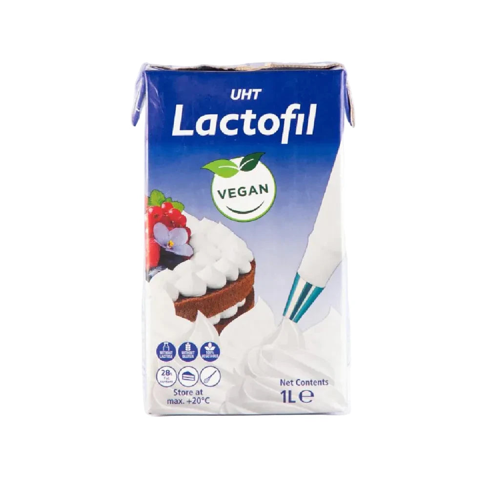1-liter Lactofil vegan beverage carton, emphasizing its plant-based ingredients and eco-friendly packaging.