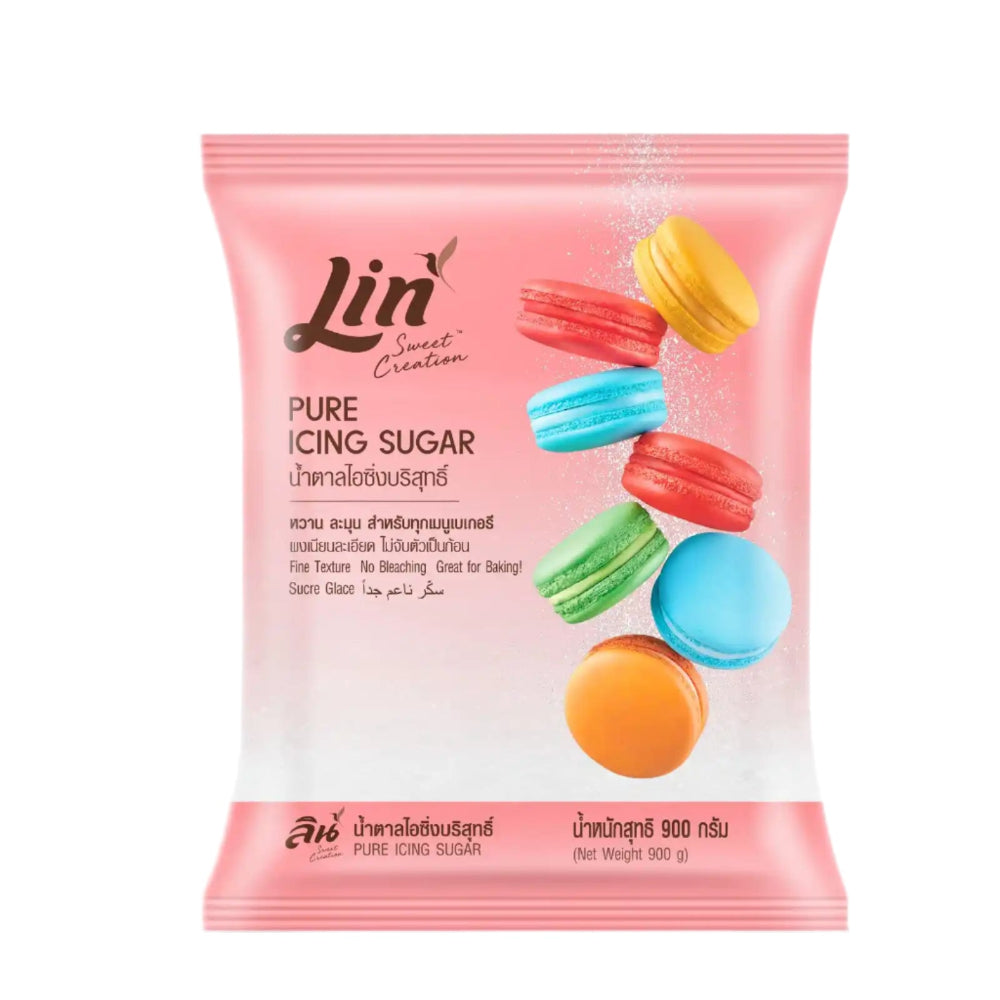 Packaging of Lin Sweet Creation Pure Icing Sugar with colorful macarons displayed on the front.