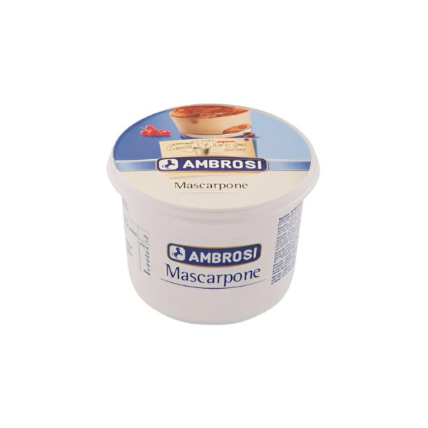 Ambrosi Mascarpone cheese container with a blue and white design. The lid features an image of a dessert, possibly tiramisu, indicating a serving suggestion.