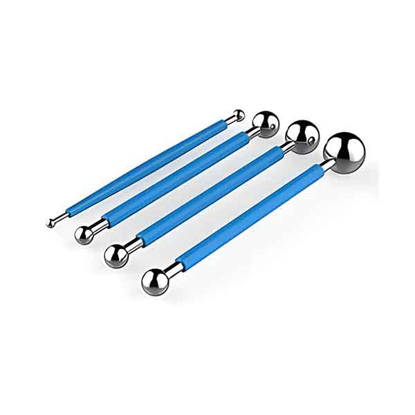 A set of four metal ball fondant modeling tools is displayed. Each tool features a long handle with a blue grip and a rounded metal tip at one or both ends. The tips vary in size, with the largest one on the right. The tools are arranged from left to right, showcasing their different lengths and ball sizes.