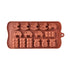 A silicone mould in a reddish-brown color featuring various baby toy shapes. The mould includes four rocking horses, three cars, two rectangular blocks with three circular shapes each, and three teddy bear figures, all designed for creating baby toys.