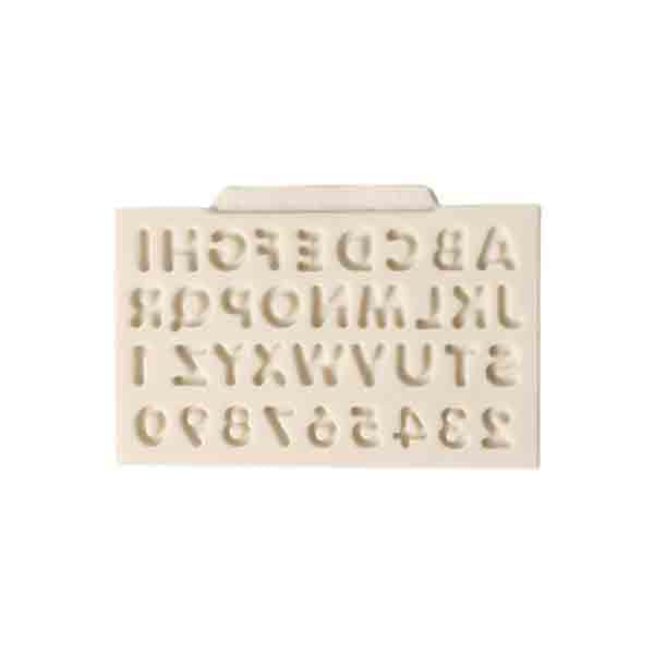 A beige silicone mold featuring a full set of uppercase alphabet letters (A to Z) and numbers (0 to 9) in a mini domed design. The mold is flat and has a handle at the top for easy handling.