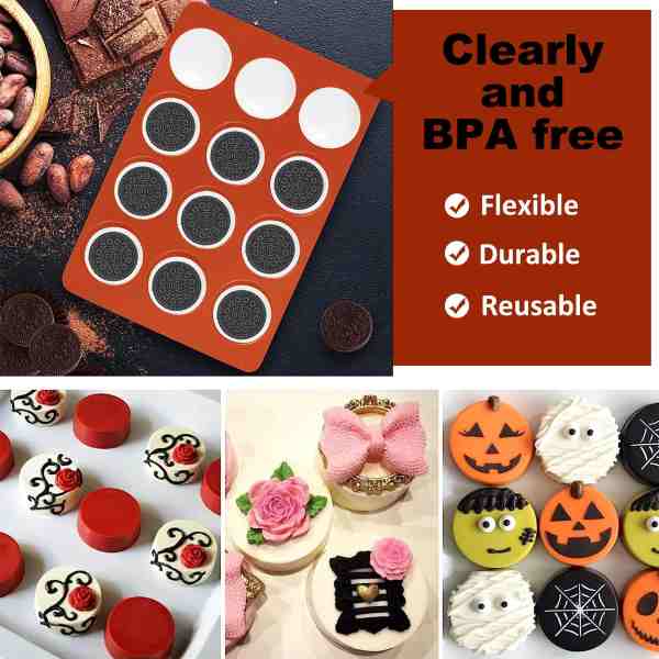 An orange silicone mold with 12 round cavities rests on a textured surface alongside scattered cocoa beans and chocolate pieces. Accompanying the mold are three images of decorated mini cheesecakes: one set featuring white and red cakes with decorative designs including flowers and swirls, another featuring cakes with pink bows and a rose, and the last set includes Halloween-themed cakes, showcasing a pumpkin and a ghost among others. Text on the image highlights that the product is BPA-free, flexible, dura