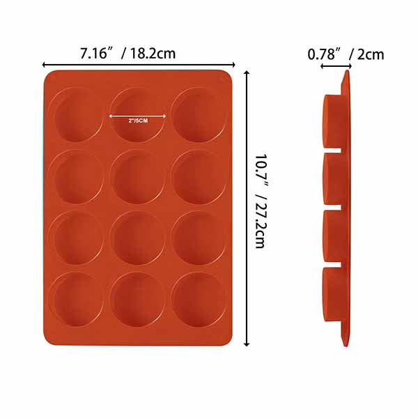 The image shows a red silicone mould designed for making mini cheesecakes. It features 12 round cavities arranged in a grid pattern. The mould dimensions are provided, with a width of 7.16 inches (18.2 cm) and a height of 10.7 inches (27.2 cm). The depth of the mould is about 0.78 inches (2 cm). The cavities are evenly spaced, and one of the cavity measurements is indicated as 2 inches (5 cm) in diameter. The mould is shown from a top-down view and includes a side profile for perspective.