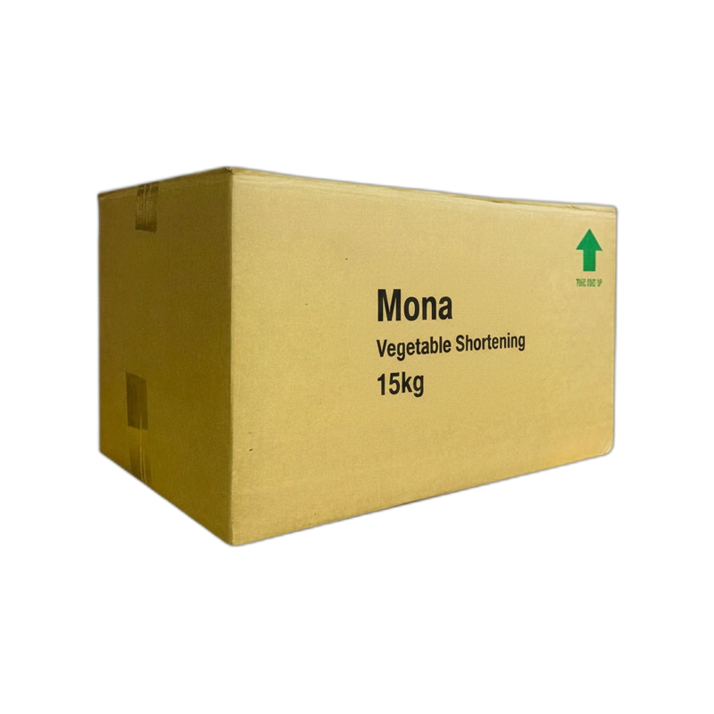 A large cardboard box labeled "Mona Vegetable Shortening 15kg" sits against a black background. There&