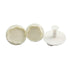 A set of three rose-shaped plunger cutters in light cream color. Two circular cutters feature intricate rose designs, while the third is a plunger tool for easily pressing out the shapes. The cutters are arranged horizontally, showing their detailed floral patterns.