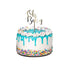 A round cake with a white base features blue frosting drizzled down the sides. The top is adorned with a ring of white whipped cream and colorful sprinkles. At the center of the cake, a gold acrylic topper reads "Oh Baby," standing upright on a stick. The cake is displayed on a round cake board, and the overall appearance is festive and celebratory.