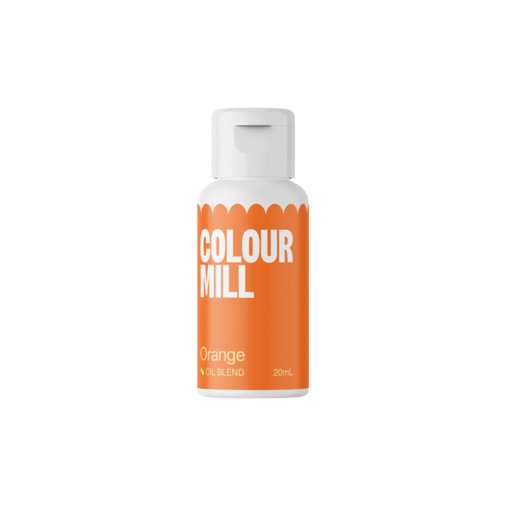 A 20ml bottle of Colour Mill oil-based food color in orange. The bottle features a white cap and has a bright orange label with the words "COLOUR MILL" in bold white letters and "Orange" below, along with "Oil Blend" and the volume of 20ml at the bottom. The background is black.