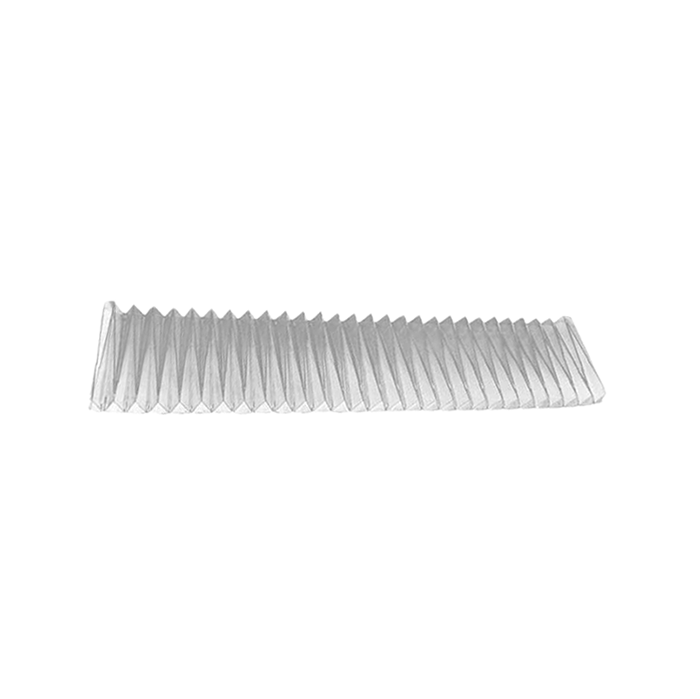 A white origami mould featuring a series of sharp, triangular pleats or folds along its length, creating a textured surface. The mould is elongated and appears to have a flat base.