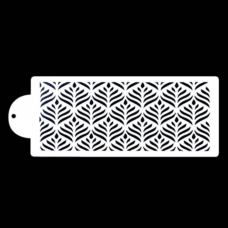A white cake stencil featuring a repeating pattern of stylized leaves on a black background. The stencil has a rounded handle on one side for easy handling.