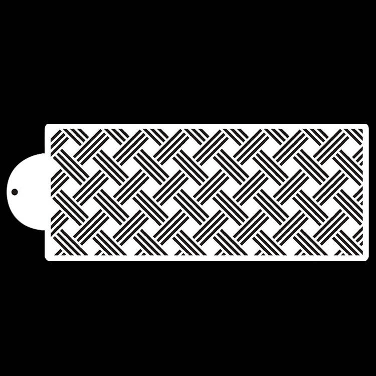 The image features a white cake stencil with a textured design that resembles a woven pattern. The stencil has a rectangular shape with a rounded corner on one side, which includes a small hole for hanging or handling. The background is solid black, allowing the white stencil design to stand out prominently. The pattern consists of interlocking lines that create a grid-like effect, resembling a checkered or basket weave style.