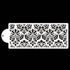 The image features a cake stencil named "cake stencil ct 15." It depicts an intricate, repeating pattern of floral and ornamental designs. The stencil is primarily white with a detailed black design, showing various shapes and motifs that create a lace-like appearance. The stencil has a rounded handle on one side for easy handling. The background is solid black, highlighting the contrast between the white stencil and the black design.