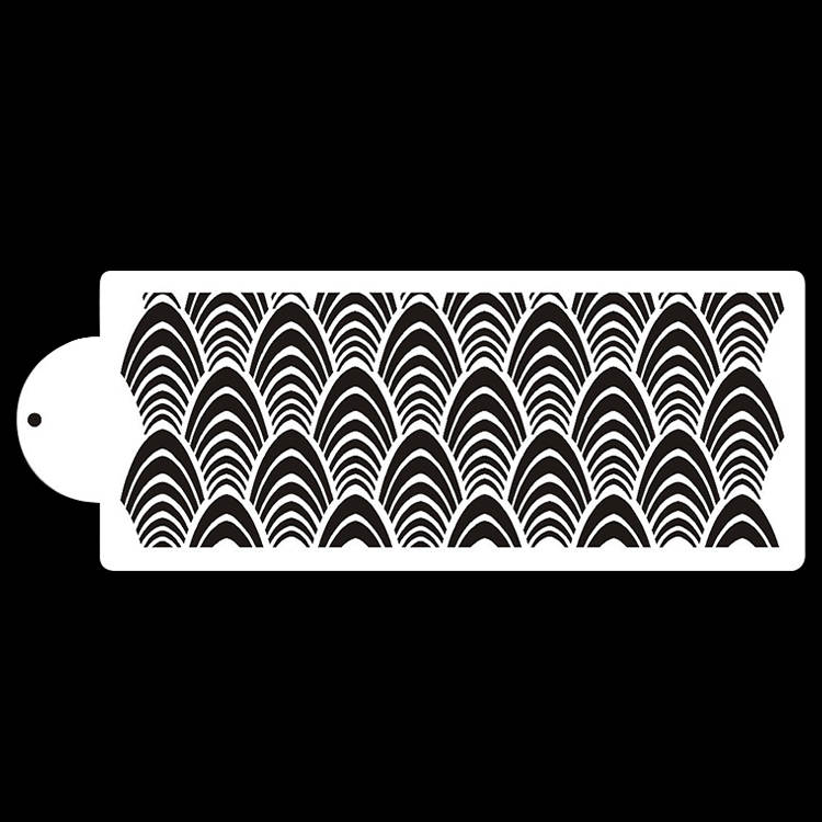 The image features a white cake stencil with a repeating pattern of scalloped arches. The stencil has a rounded tag on one end for easy handling. The design consists of arched shapes that create a textured effect, suitable for decorating cakes or baked goods. The background is black, which contrasts with the white stencil.