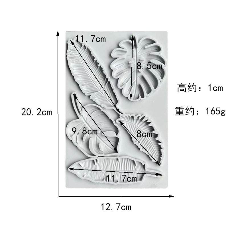 A silicone mold designed for creating palm tropical leaves, featuring various leaf shapes. The mold dimensions are 20.2 cm in height and 12.7 cm in width, with individual leaf measurements indicated. The mold is made of white silicone and has a textured design to replicate the details of tropical leaves.