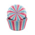 A stack of two cupcake liners, the lower one featuring vertical stripes in pink and blue, and the upper one showing a swirl design with alternating pink and blue sections. The liners are pleated and designed for baking cupcakes.