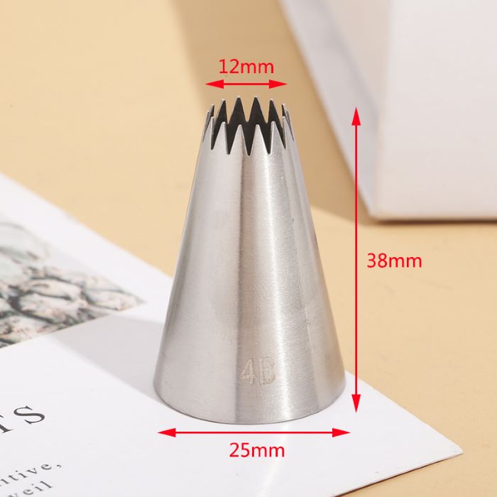 An image of a stainless steel piping nozzle labeled "4B" is shown. The nozzle has a conical shape with a serrated opening at the top, measuring 12mm in diameter, and has a height of 38mm and a base diameter of 25mm. The nozzle is placed on a surface that appears to be light-colored paper with text and a subtle illustration in the background.