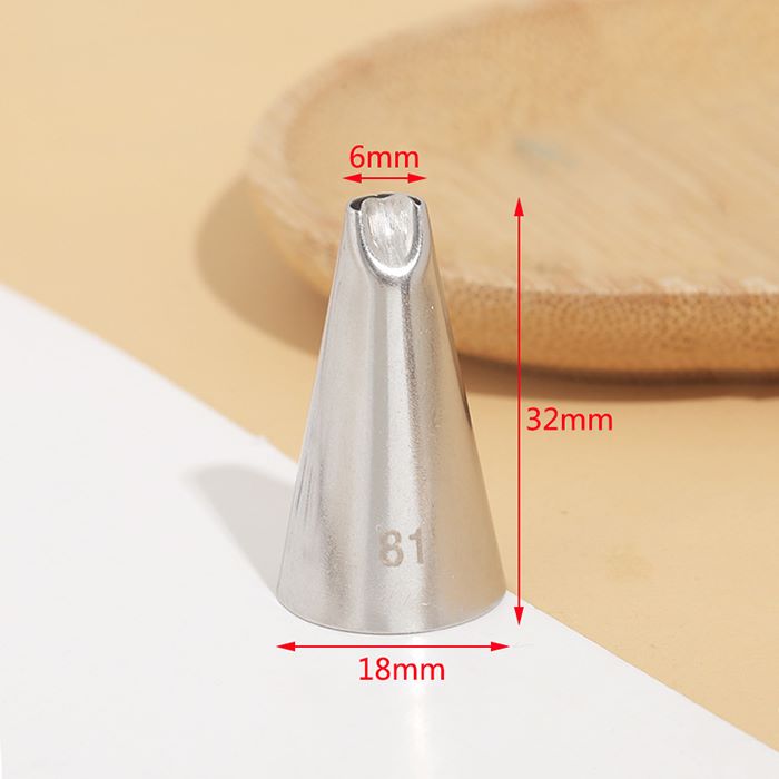A stainless steel piping nozzle labeled "81," standing upright on a light-colored surface. The nozzle has a conical shape with a wide base and a narrow opening at the top. Dimensions are indicated: 32mm in height, 18mm in base diameter, and a 6mm opening at the tip. A wooden plate is slightly visible in the background.