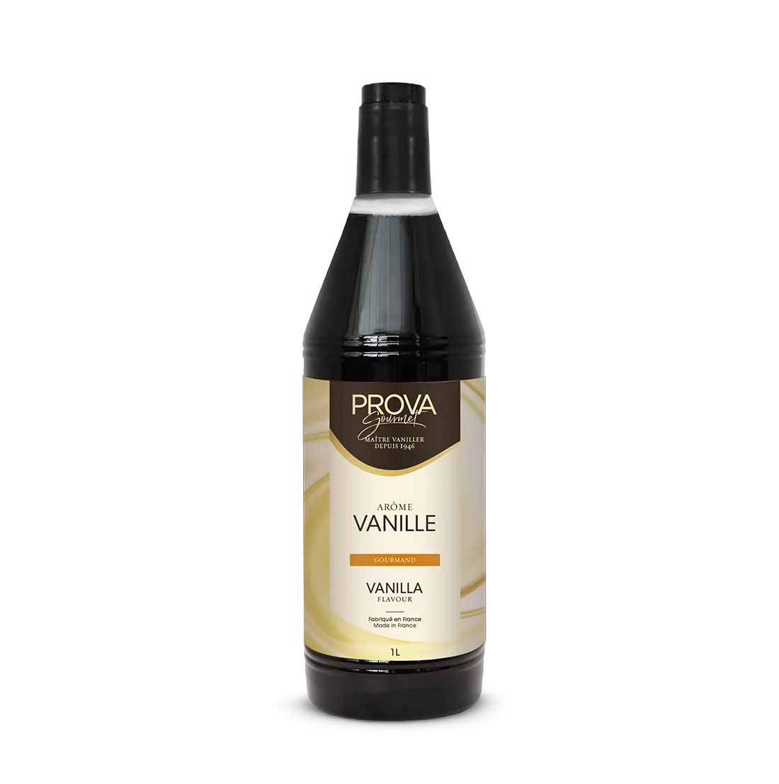 Bottle of PROVA Gourmet vanilla flavouring, 1 litre, in a tall black plastic bottle with a cream and gold label on a light background.