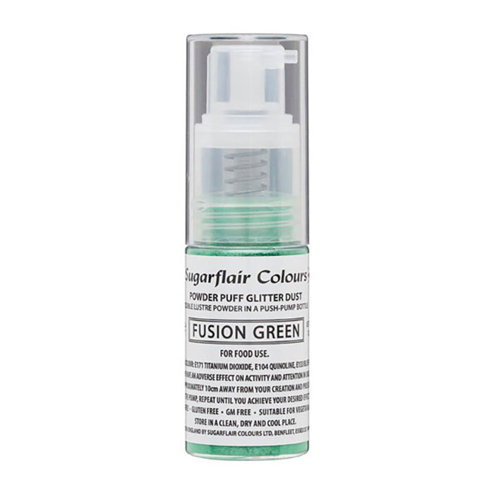 A clear spray bottle containing green edible glitter dust, labeled "Sugarflair Colours Powder Puff Glitter Dust Fusion Green." The bottle has a pump top and features text indicating it&