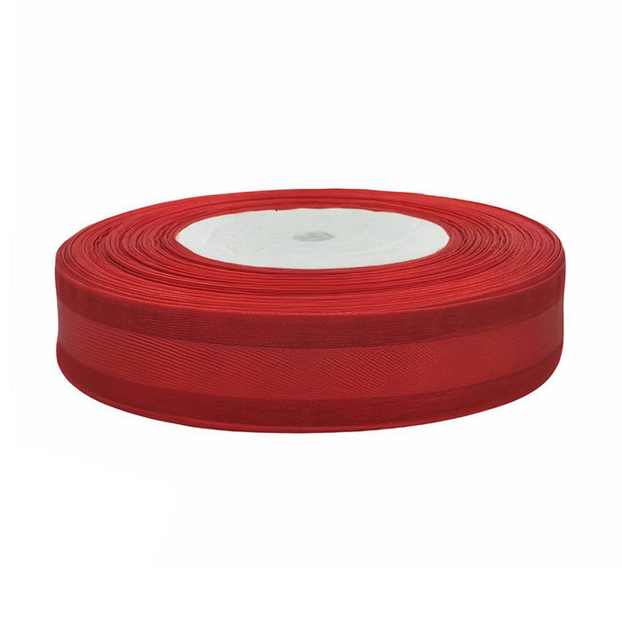 A circular roll of red ribbon resting on a white background. The ribbon is 50 yards long and features a shiny, smooth texture. The center of the roll has a white core visible.