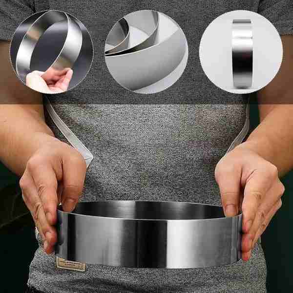 A person holding a shiny, circular metal ring with both hands. The background features three smaller circular images displaying different angles or aspects of the metal ring. The person is wearing a gray shirt and there are no other visible objects in the image.