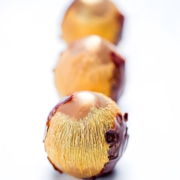 Three sphere-shaped desserts with a shiny chocolate coating, featuring a textured, golden surface. The items have a smooth, rounded top and a decorative finish, arranged in a line against a light background.