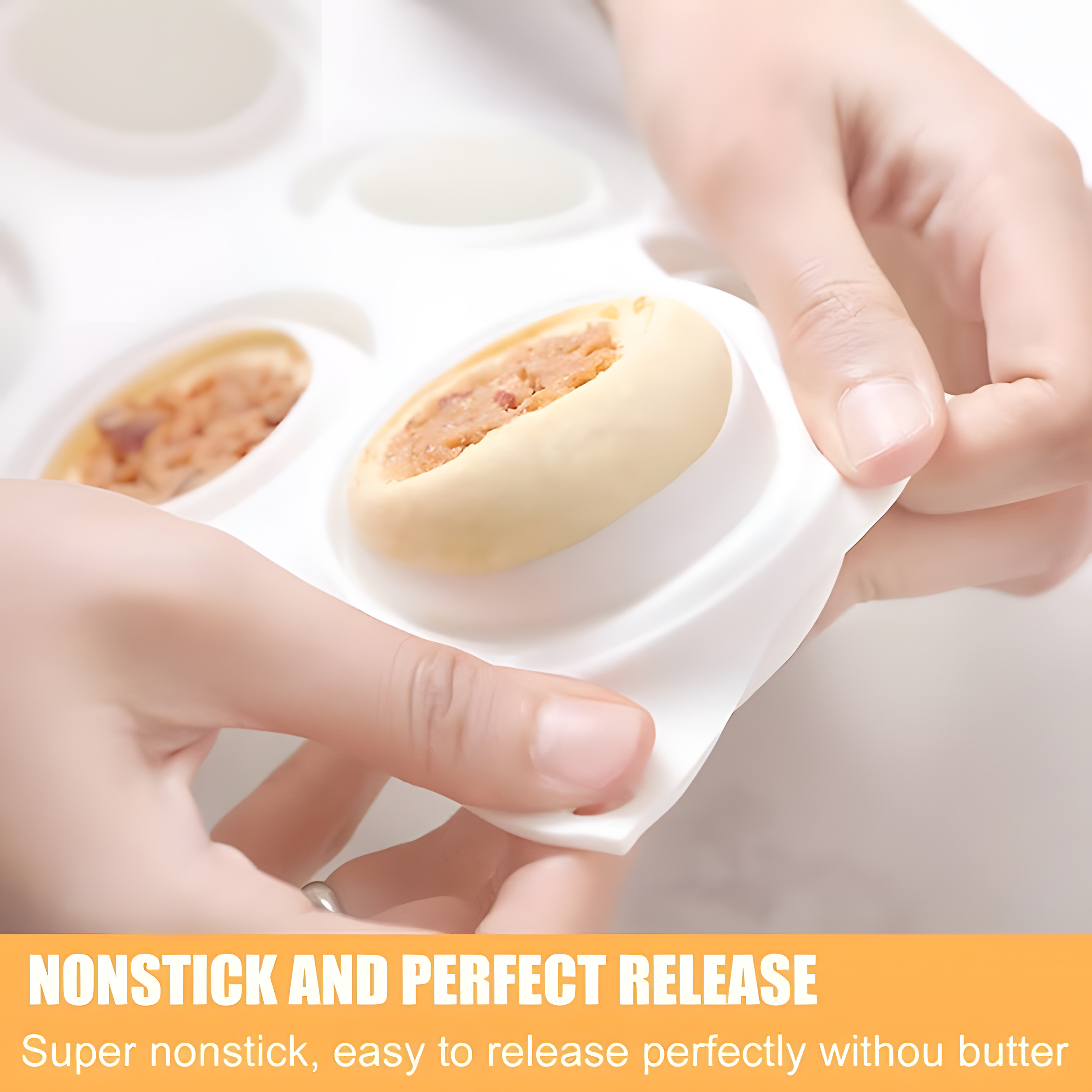 A close-up image of a person?s hands holding a round ball silicone mold with an 8-cavity design. One cavity has a light-colored, round food item partially removed, showcasing a filling. The mold has a smooth, non-stick surface. The bottom of the image features text emphasizing the product&