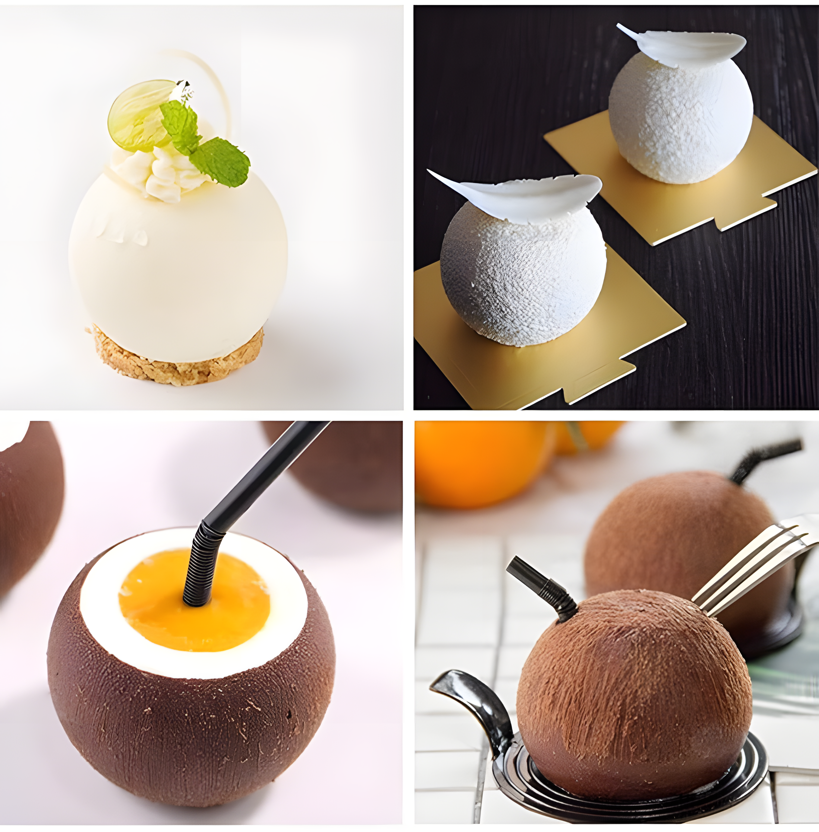 The image showcases four types of round desserts created using a silicone mould.
1. The top left features a white spherical dessert adorned with a small green leaf and a dollop of cream, resting on a crumbly base.
2. The top right displays two white spherical treats on golden bases, each topped with a white chocolate curl.
3. The bottom left shows a chocolate sphere with a straw inserted, revealing a bright yellow filling inside.
4. The bottom right depicts two brown spherical desserts, one with a straw a