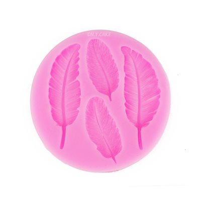 The image features a round silicone mold designed for creating feather shapes. The mold is bright pink and contains four detailed feather imprints. Each feather design is clearly defined, showcasing intricate lines and textures typical of real feathers. The mold appears flexible and is likely intended for use with baking or crafting materials.