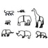 A flat lay image featuring a set of eight cookie cutters shaped like safari animals. The cutters include a giraffe, a rhinoceros, an elephant, a bear, a lion, a monkey, a cat, and a small lizard. Each cutter is made of black plastic and has cut-out shapes representing the outlines of each animal, with some having additional support bars for stability. The arrangement showcases the variety of animal shapes available in the set.