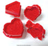 The image features a set of four red plunger cutters designed for baking or crafting. The cutters include shapes such as a diamond, a decorated heart with the word "LOVE," a heart featuring a rose design, and another heart with a decorative edge. All items are bright red and made of plastic, showcasing various detailed designs suitable for creating themed decorations or cookies.