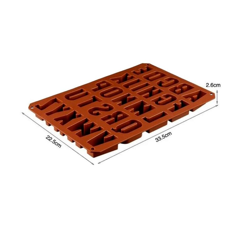 The image shows a rectangular silicone mold featuring large alphabet letters and numbers. The mold is designed for baking or crafting, with a brown color and a flexible texture. Its dimensions are labeled as 33.5 cm in width, 22.5 cm in length, and 2.6 cm in height. The letters and numbers are prominently displayed in a raised format, allowing for easy removal of the finished product.