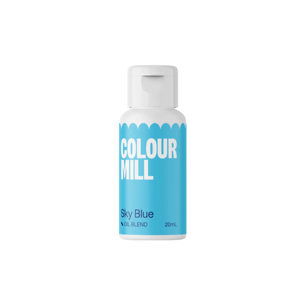 A bottle of Colour Mill oil-based food color in sky blue, featuring a bright turquoise label with the text "COLOUR MILL" in large white letters and "Sky Blue" in smaller text below. The bottle contains 20ml of product and has a simple, modern design with a secure white cap.