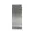 A stainless steel scraper featuring a flat, smooth surface and various notches along one side. The scraper has a sleek, metallic finish and is vertically oriented in the image.