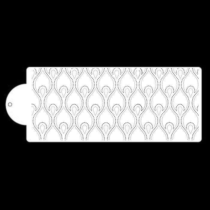 The image shows a cake stencil with a repeating pattern of elongated, curved shapes resembling teardrops or elongated leaves. The stencil is primarily white with a dotted design that creates the pattern. It features a round cut-out in the left section, which suggests it can be easily handled or hung. The overall shape of the stencil is rectangular with rounded edges.