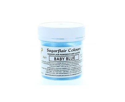 The image shows a small container of sugarflair edible glitter dust powder, specifically in the color "baby blue." The container has a light blue lid and a white label featuring the product name, "Sugarflair Colours Sugar Powder Pump Lustre," along with details about the product and its weight, which is 25 grams. The label indicates that the product is used for decorative purposes on food.
