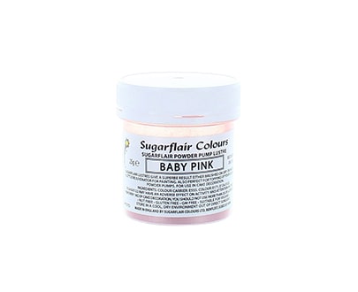 A small container of Sugarflair edible glitter dust powder labeled "Baby Pink," weighing 25 grams. The container has a white lid and a clear body, with product details on the label. The label includes the brand name "Sugarflair" and indicates that it is a sugar powder used for decorating.