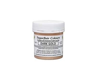 Image of a jar of Sugarflair Colours Edible Glitter Dust Powder. The jar is labeled "Dark Gold" and contains 25 grams of the product. The jar has a white lid and features a clear label with product information, including instructions and ingredients. The overall appearance is sleek and suitable for cake decorating and crafting.