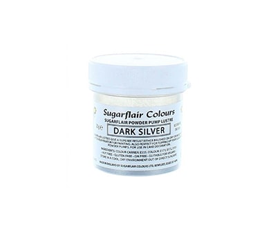 The image shows a small, round jar of "Sugarflair Edible Glitter Dust Powder" in dark silver color. The jar has a white lid and features a label that includes the product name "Sugarflair Colours", along with the term "DARK SILVER" prominently displayed. The label contains additional product information and instructions. The jar appears to contain a fine, glittering powder suitable for edible decoration.