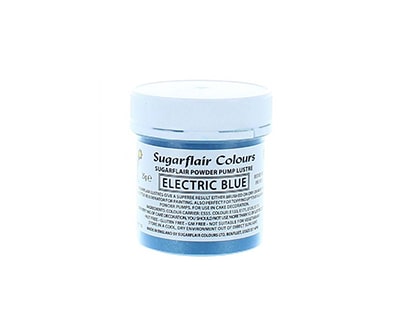 The image portrays a small, round container of edible glitter dust powder labeled "Sugarflair Colours." The product is identified as "Electric Blue" and comes in a 25g size. The container has a white lid and features text detailing the product name, color, and additional information regarding its use. The overall appearance is bright and colorful, emphasizing the electric blue shade of the powder inside.