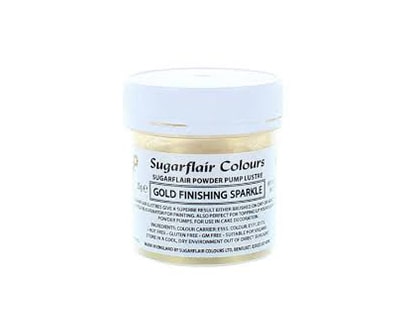 The image shows a small jar of Sugarflair edible glitter dust powder. The jar is labeled "Sugarflair Colours - Gold Finishing Sparkle" and contains 25 grams of product. The packaging features a white lid and a clear body, allowing the gold glitter dust to be visible inside. The label includes details about the product, including ingredients and usage instructions.