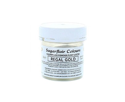A jar of Sugarflair edible glitter dust powder, labeled "Regal Gold." The jar is transparent with a white lid and contains a fine golden powder. The label features product information and instructions, highlighting its use for decorating cakes and confections.